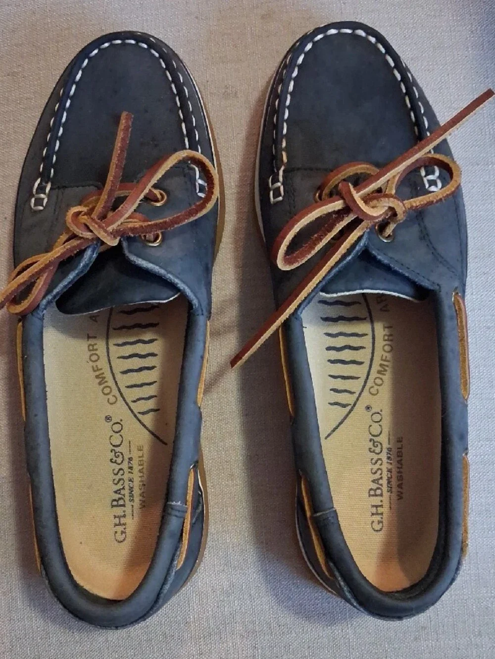 G.H. Bass & Co. Navy Leather Boat Shoes with Tan Laces